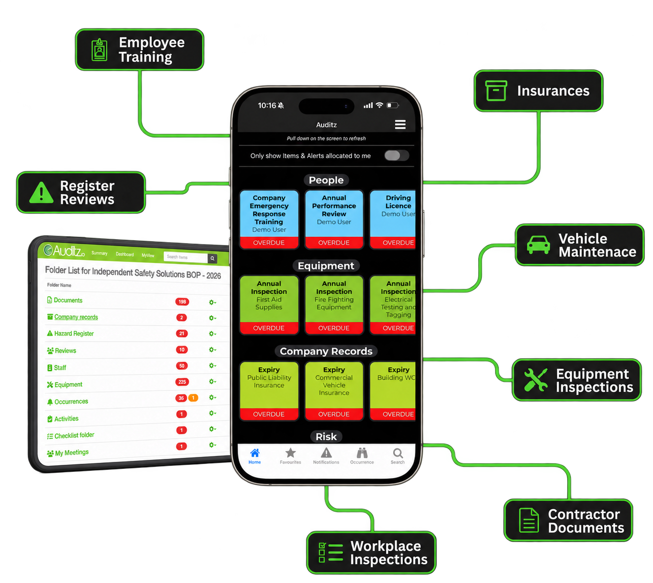 Auditz on phone and tablet, showing training, insurance, maintenance, equipment, contractor documents and workplace inspection records.