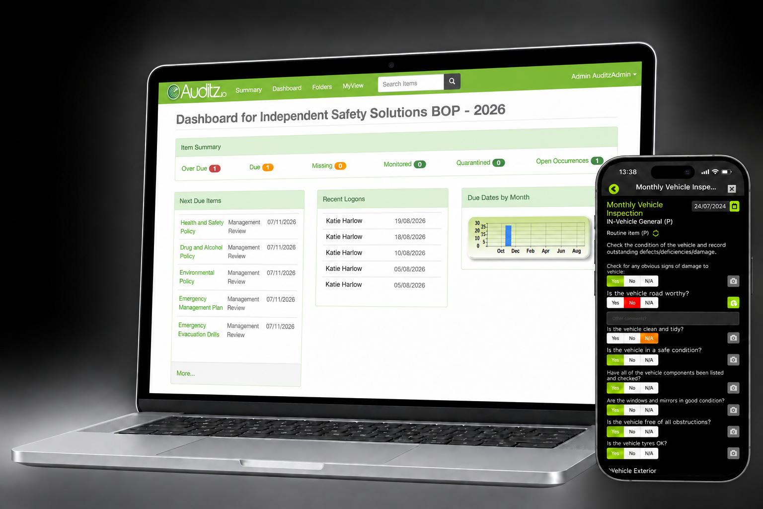 Auditz dashboard displayed on a laptop beside the mobile vehicle inspection app