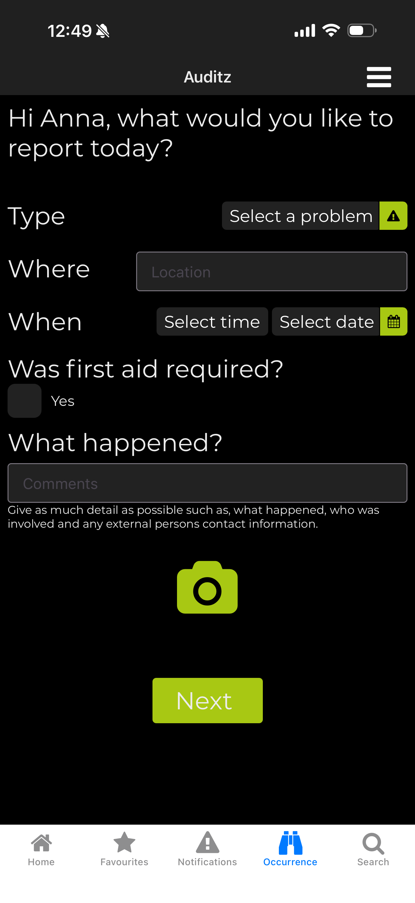 Auditz mobile occurrence reporting screen for recording incidents, injuries and near misses